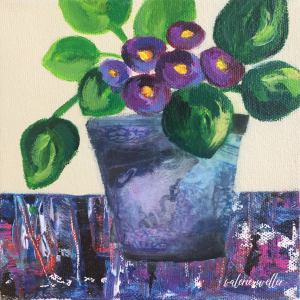 Pot of Violets 4 x 4 Mixed Media Canvas